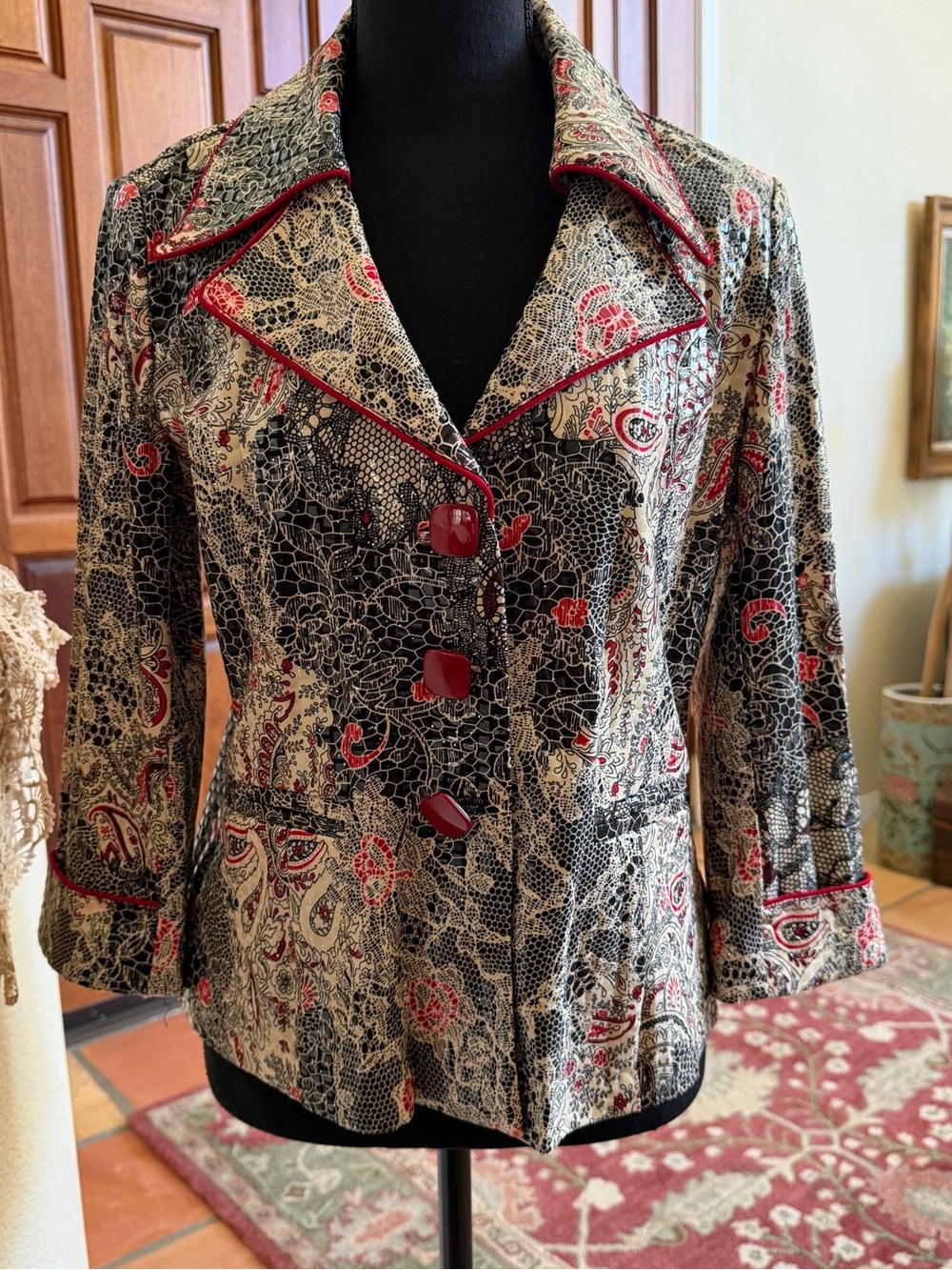 Clara Sun Woo Animal Print Sequin Blazer Jacket Red Button Size L